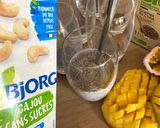 Une image de l'étape 1 de Graines de chia au lait de cajou, à la mangue fraîche et au fruit de la passion.