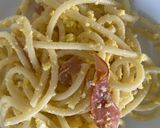 A picture of step 4 of Bucatini Carbonara.