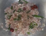 A picture of step 5 of Fish thali - Rice with Fish curry, fish fry, and spiced buttermilk.