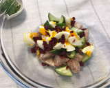 A picture of step 9 of Taro, Sweet Potato, Cucumber, and Cranberry Salad (with Egg and Fresh Basil).