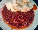 A picture of step 4 of African style Rajma with Nsima and peri peri sauce.