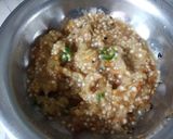 A picture of step 3 of Littichokha with baigan chutney and fried chilli onions.