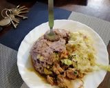 A picture of step 6 of #themechallenge arrow roots, beans and maize mukimo served beef.