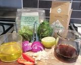 A picture of step 1 of Surf and turf / grilled veg / avocado chimichurri.