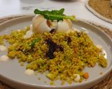 Foto del paso 8 de la receta: Cuscús Vegetal de Brócoli y Zanahoria con Huevo Mollet, Emulsión de Yogur y Compota de Cerezas