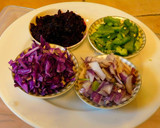 A picture of step 1 of Veggie Patties with red cabbage, beet root, red onions and bell pepper.