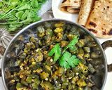 A picture of step 5 of Okra fry using panch phoran.
