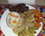 Foto del paso 9 de la receta: Carne asada con arroz a la jardinera al vapor, crema de garbanzo y vegetales alcalinos