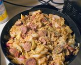 A picture of step 5 of Larry's (next lvl) sausage and cabbage.