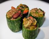 A picture of step 8 of Mexican quinoa salsa in cucumber pockets.