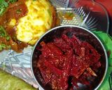 A picture of step 6 of Beetroot achar.