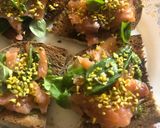 A picture of step 3 of Bruschetta with Smoked Salmon and Pesto.