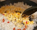 A picture of step 4 of Egg fried rice... and some chicken.