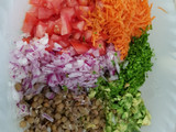 Ensalada de lentejas, tomate, zanahoria y palta