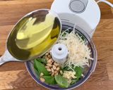 A picture of step 1 of Halloumi with pesto, balsamic tomatoes, spinach and chickpeas.