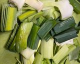 A picture of step 1 of Syrian style leek stew with ground meat.