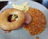 A picture of step 4 of My Buttered toasted Bagel with Bacon,scrambled Egg + Beans. 💖.