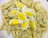 A picture of step 6 of Low gluten spicy pasta with Lemon garlic, mushroom top with egg and Parmesan cheese 😉🥒🍋🧄🥚🌶.