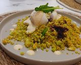 Foto del paso 8 de la receta: Cuscús Vegetal de Brócoli y Zanahoria con Huevo Mollet, Emulsión de Yogur y Compota de Cerezas