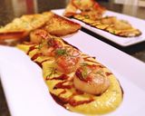 A picture of step 8 of Sea scallops, tarragon butternut squash purée, honey balsamic reduction and truffled parmesan toast.