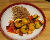 A picture of step 5 of Roasted Harrissa veggies with halloumi and chickpeas.