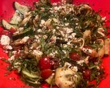 A picture of step 3 of Tortellini olive tapenade with marinated tomatoes and cucumbers.