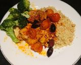 A picture of step 5 of Harissa chicken with olives and tomatoes.
