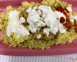 A picture of step 8 of Halal guys style tuna and rice with white sauce (made in the microwave)!.