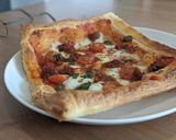 A picture of step 5 of Tricolore easy puff pastry pizzas with chorizo.