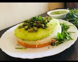 A picture of step 3 of Tadka style tri colour steam dhokla.