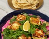 A picture of step 10 of Eggplant with haloumi, beetroot, tzatziki and yogurt flatbreads.