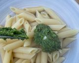 A picture of step 3 of Pesto pasta - with homemade pesto.