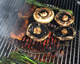 A picture of step 4 of Duck breast ‘yakitori’ with garlic mushrooms and tender stem broccoli.