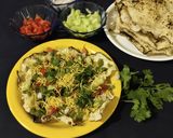 A picture of step 4 of Khichiya papad (rice papad) chat.