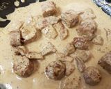 A picture of step 3 of My Tenderloin pork& Sausage in a creamy Mustard Pepper sauce. 😉.