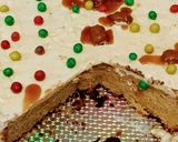 A picture of step 4 of Buttercream icing with Smarties.