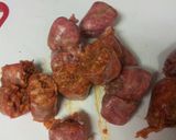 A picture of step 2 of Skillet fried sausage, mushrooms, peppers and onion with egg.
