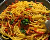 A picture of step 8 of Chorizo and pancetta pasta.