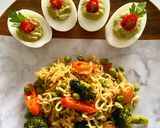 A picture of step 2 of Maggie Noodles with egg and vegetables.Avocado Deviled Eggs.