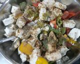 A picture of step 3 of Grilled Paneer mushrooms on Satay sticks.