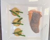 A picture of step 17 of Crispy Skin Salmon, Asparagus with Fondant Potato and Chestnut Sauce.