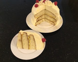 A picture of step 16 of Vanilla Layer Cake filled withLenon and Rasberry and frosted with Fresh Lemon Cream.