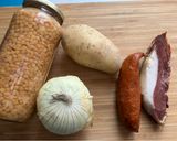 Foto del paso 1 de la receta: Lentejas de bote de cristal con chorizo y jamón en 15’