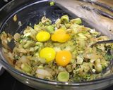 A picture of step 5 of Crustless Leek Quiche with blue cheese and chillies.
