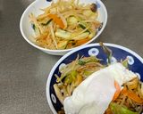 A picture of step 4 of Japanese Stir-fried Vegetables topped with Poached Egg.