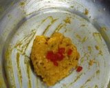 A picture of step 11 of Kaju ki burfi (cherries 🍒 and rose flavour) and laddoo (pan flavour).
