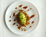 A picture of step 5 of “Coffee infused Rasgulla crumbs with pistachio ice cream and coffee syrup”.