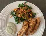A picture of step 1 of Kale Peanut Slaw w peanut vinaigrette plus peanut chicken.