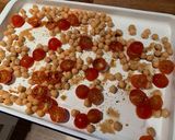 A picture of step 2 of Halloumi with pesto, balsamic tomatoes, spinach and chickpeas.