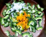 A picture of step 6 of Pavakkai /bitter gourd pitlai.